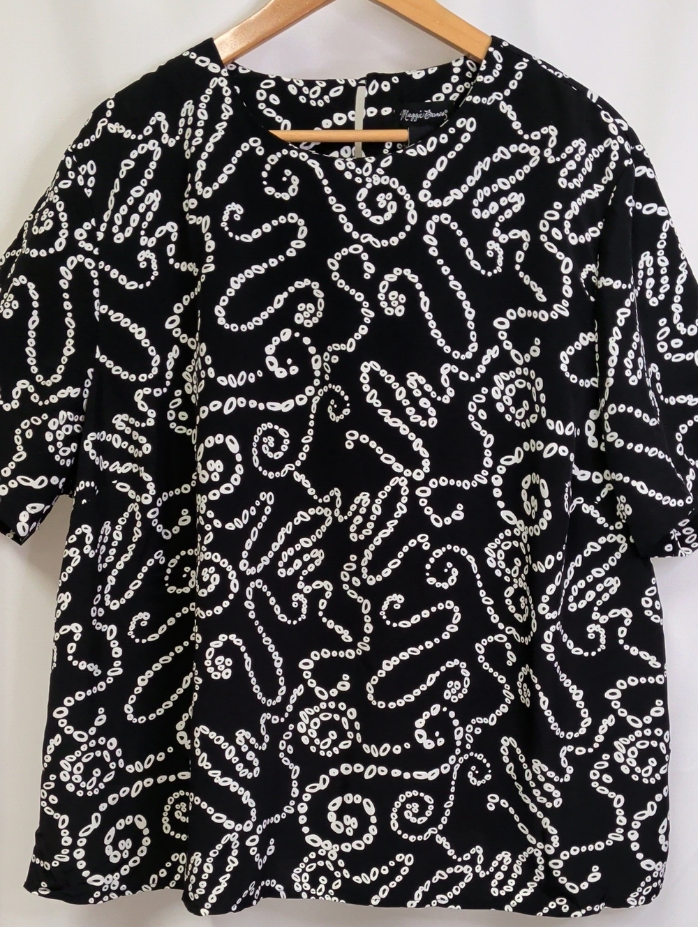 Maggie Barnes Black Top with White Abstract Dot Swirl Pattern